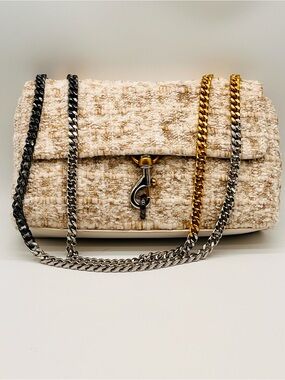 Rebecca Minkoff Edie Cream Tan Tweed Shoulder Crossbody Bag Mixed Metal Chain